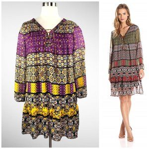NY COLLECTION Peasant Dress Multi Geo Print Sheer Ruffles Sz L